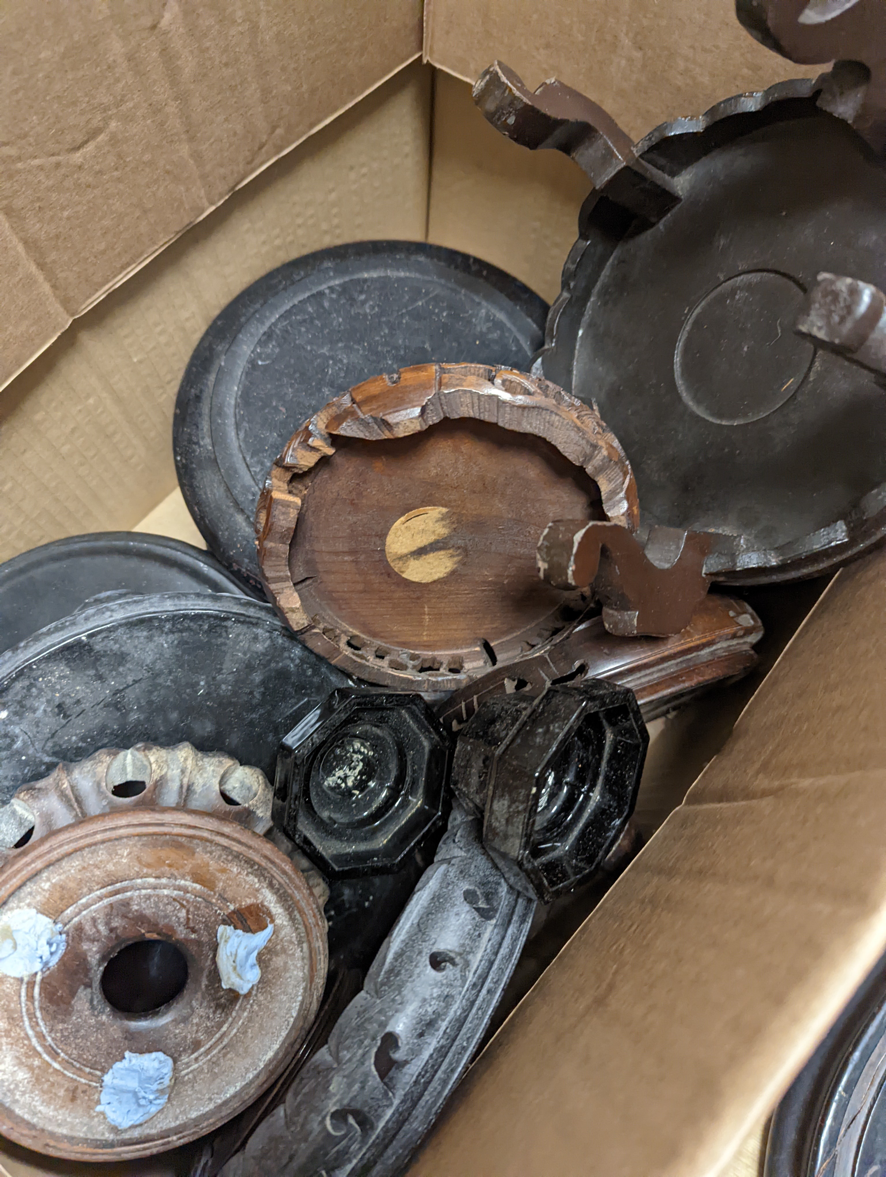 Three boxes of hardwood, glass and ceramic stands.